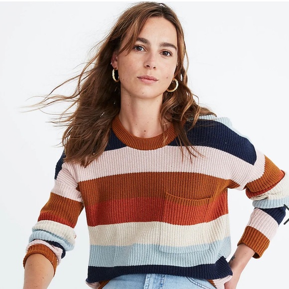 Madewell Thompson Pocket Crewneck Sweater in Rainbow Stripe - Picture 1 of 10